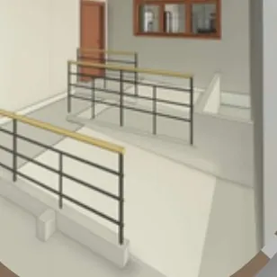 Render: rampa con barandal en el acceso