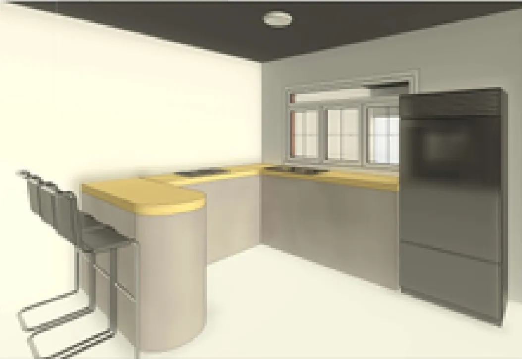 Render de la cocina con barra a altura accesible