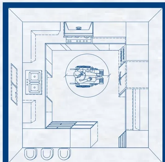 Isometría de la cocina modificada, con área de giro para silla de ruedas