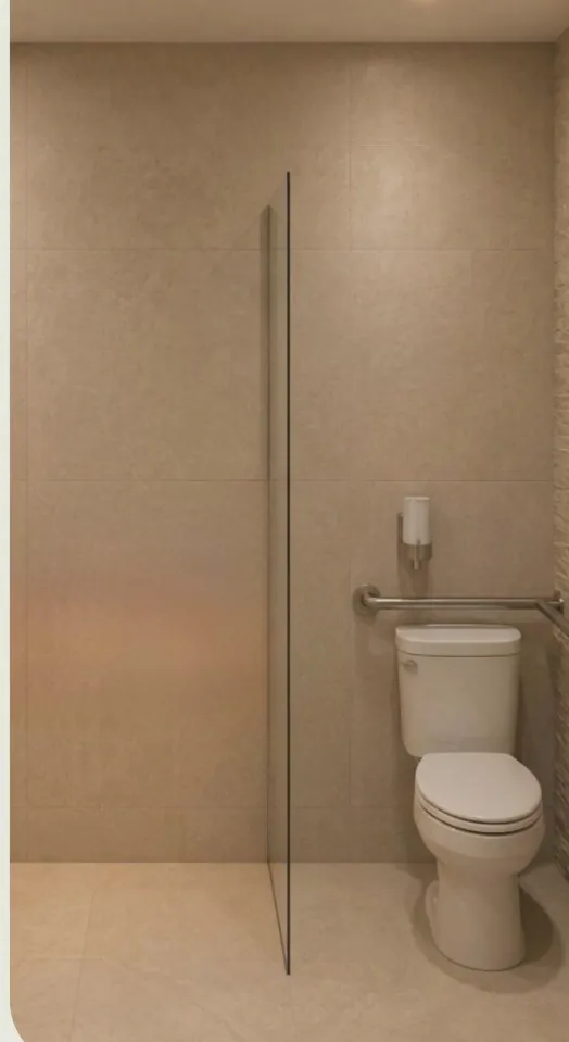 Render del baño con regadera a nivel de piso y barras de apoyo