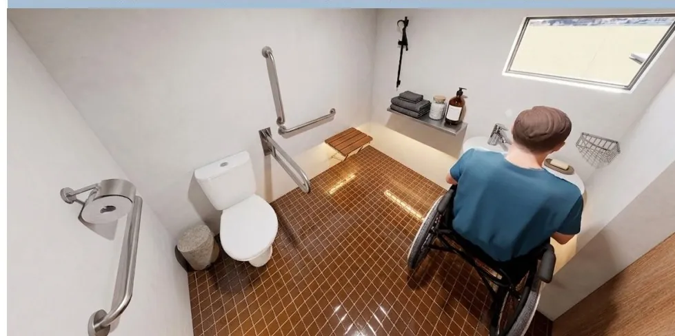 Render del baño con barras de apoyo junto al inodoro
