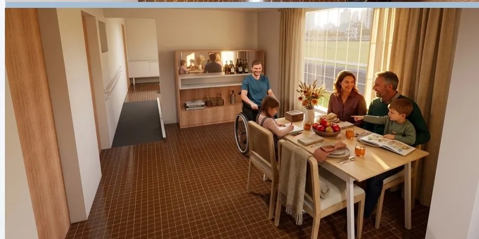 Render del comedor con la familia reunida y el hombre en silla de ruedas a la mesa