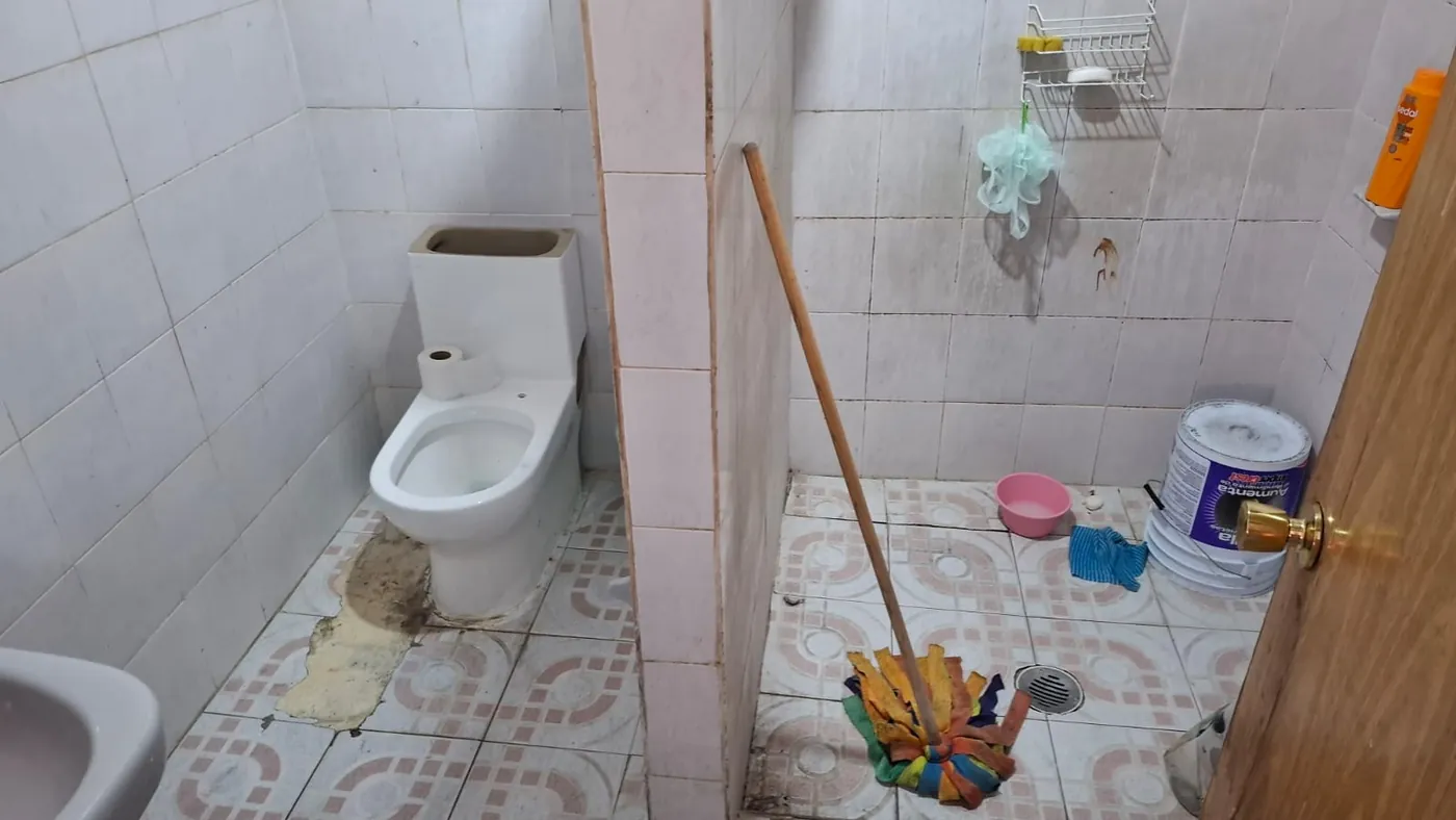 Foto actual del baño: espacio estrecho con un muro divisorio