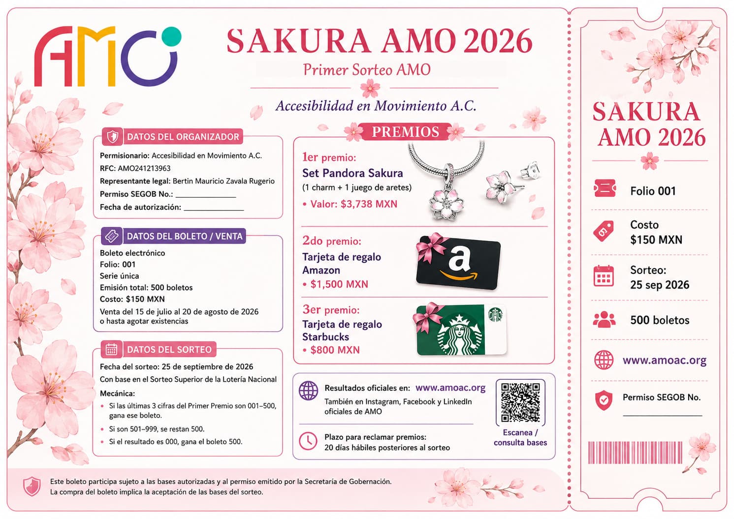 Boleto oficial del Primer Sorteo AMO 2026 — Sakura