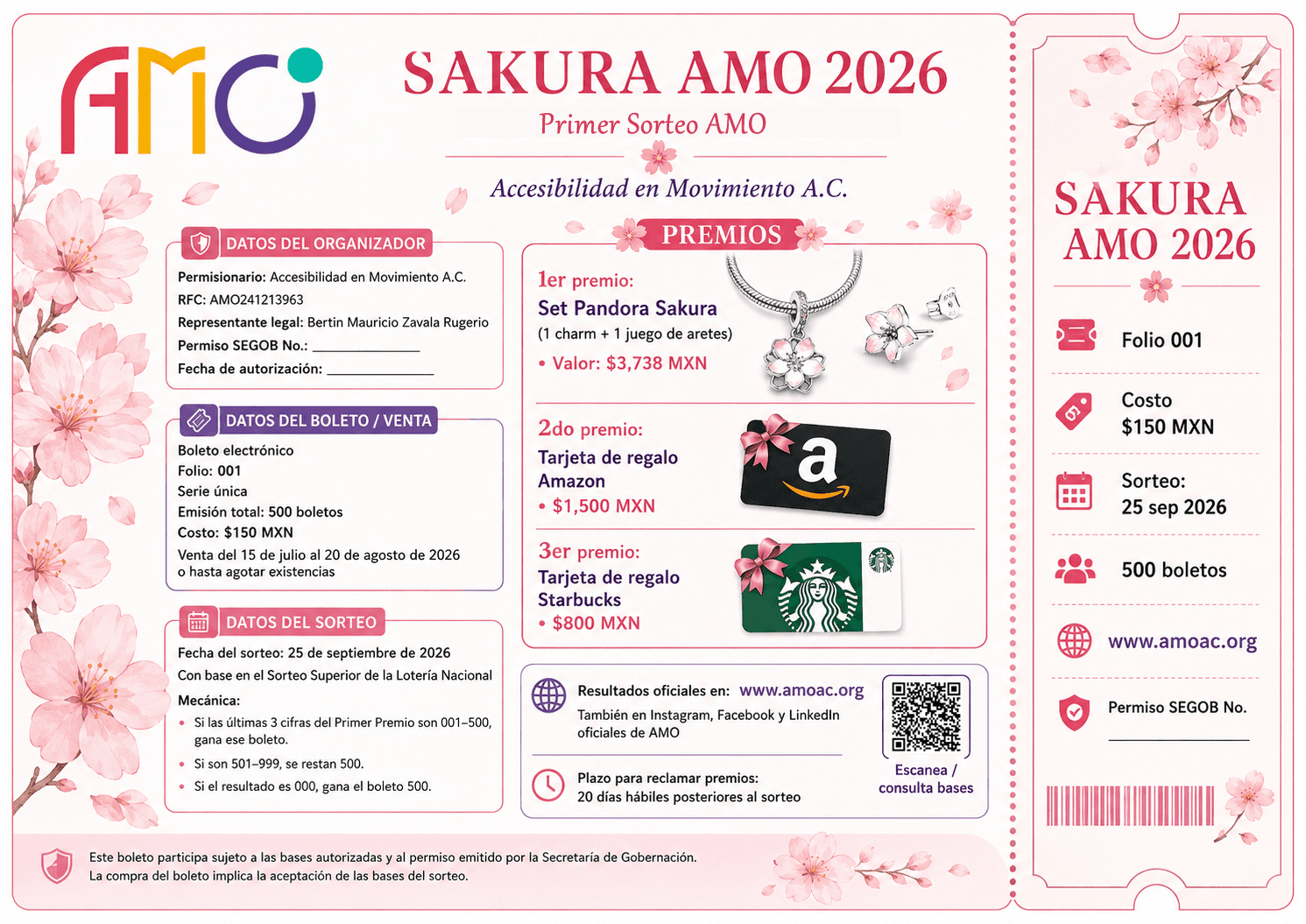 Boleto oficial del Primer Sorteo AMO 2026 — Sakura